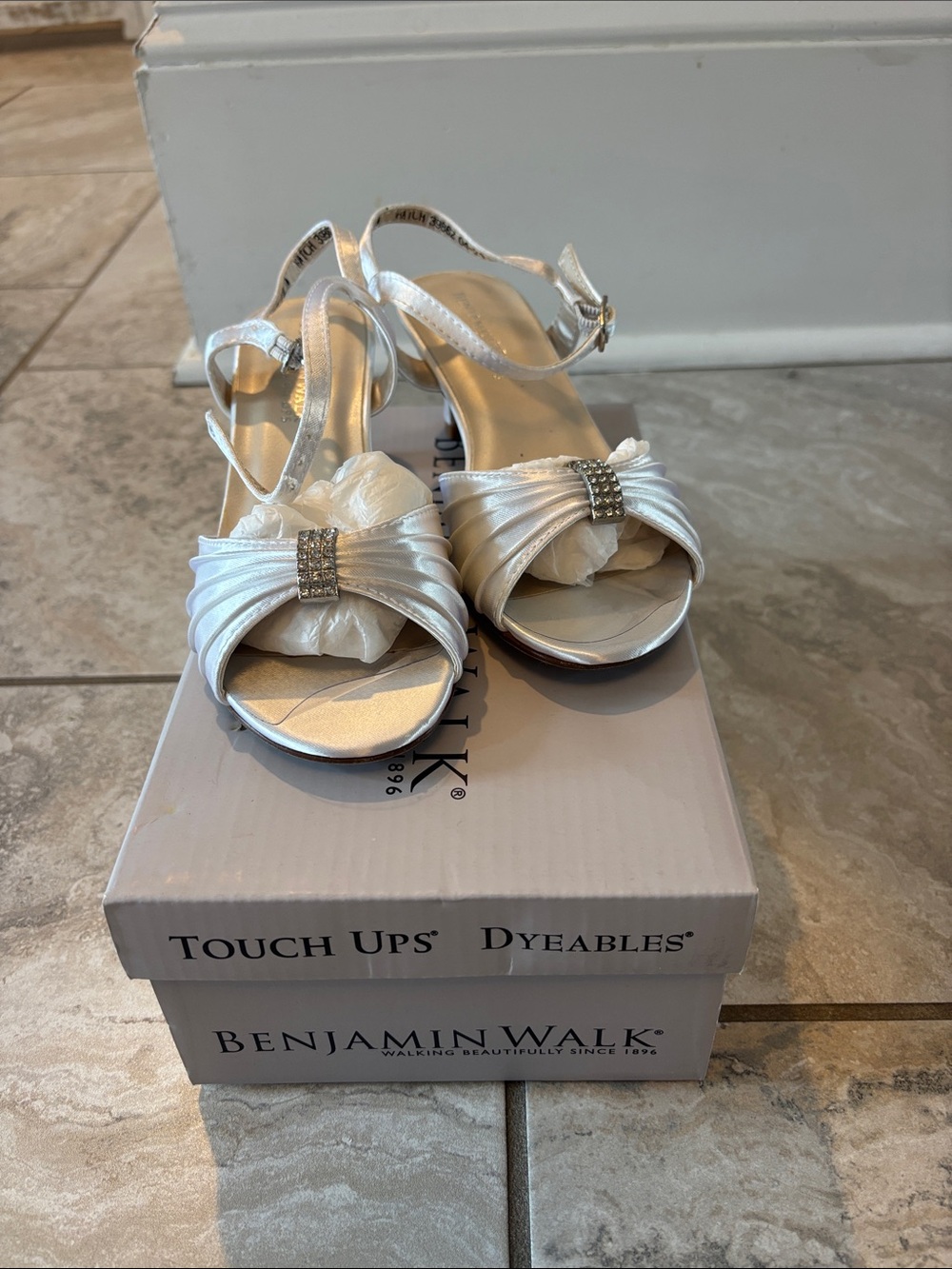 Benjamin Walk White Satin Slingback Heels with Rhinestone Accent